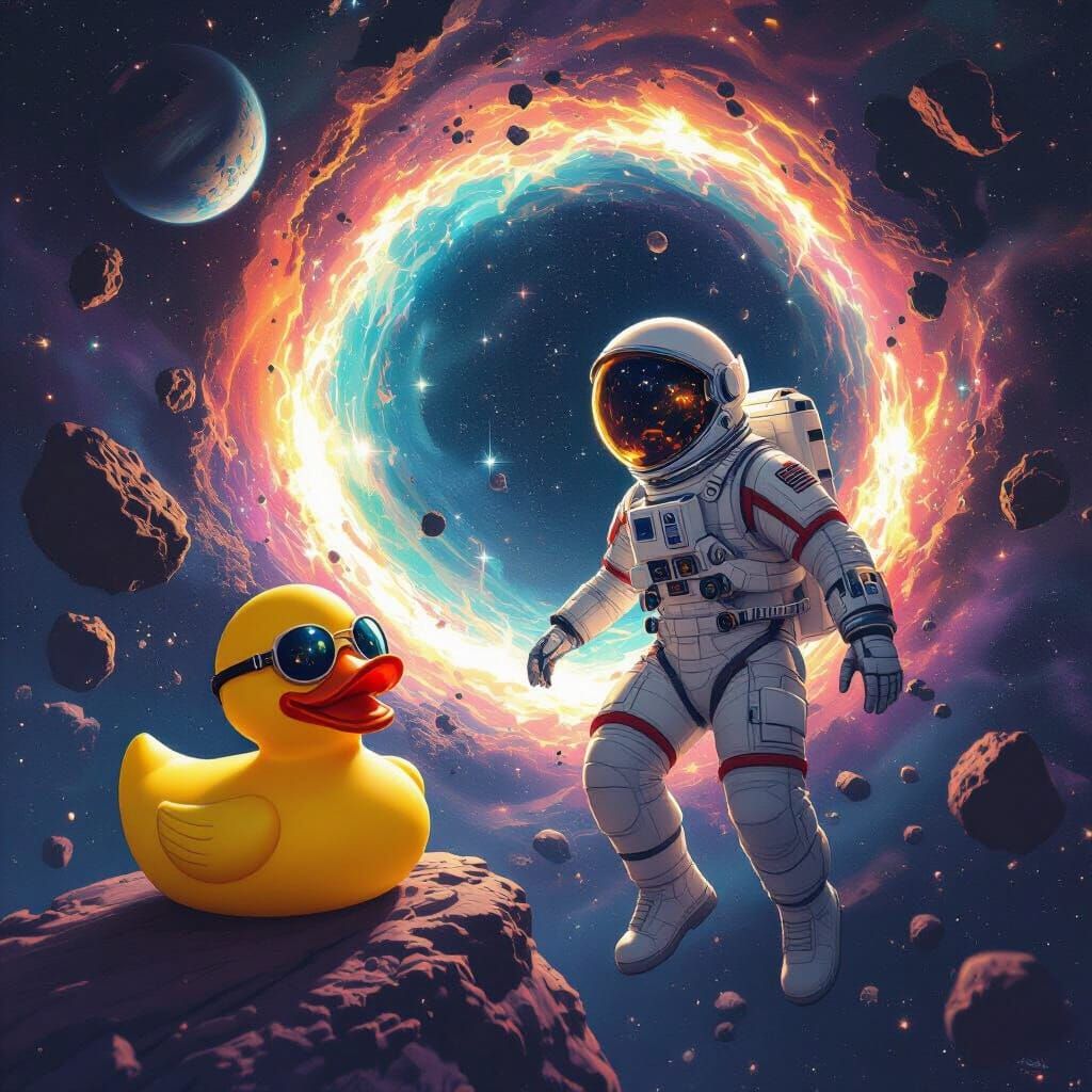 Astronaut and Rubber Duck in Wormhole: Digital Art