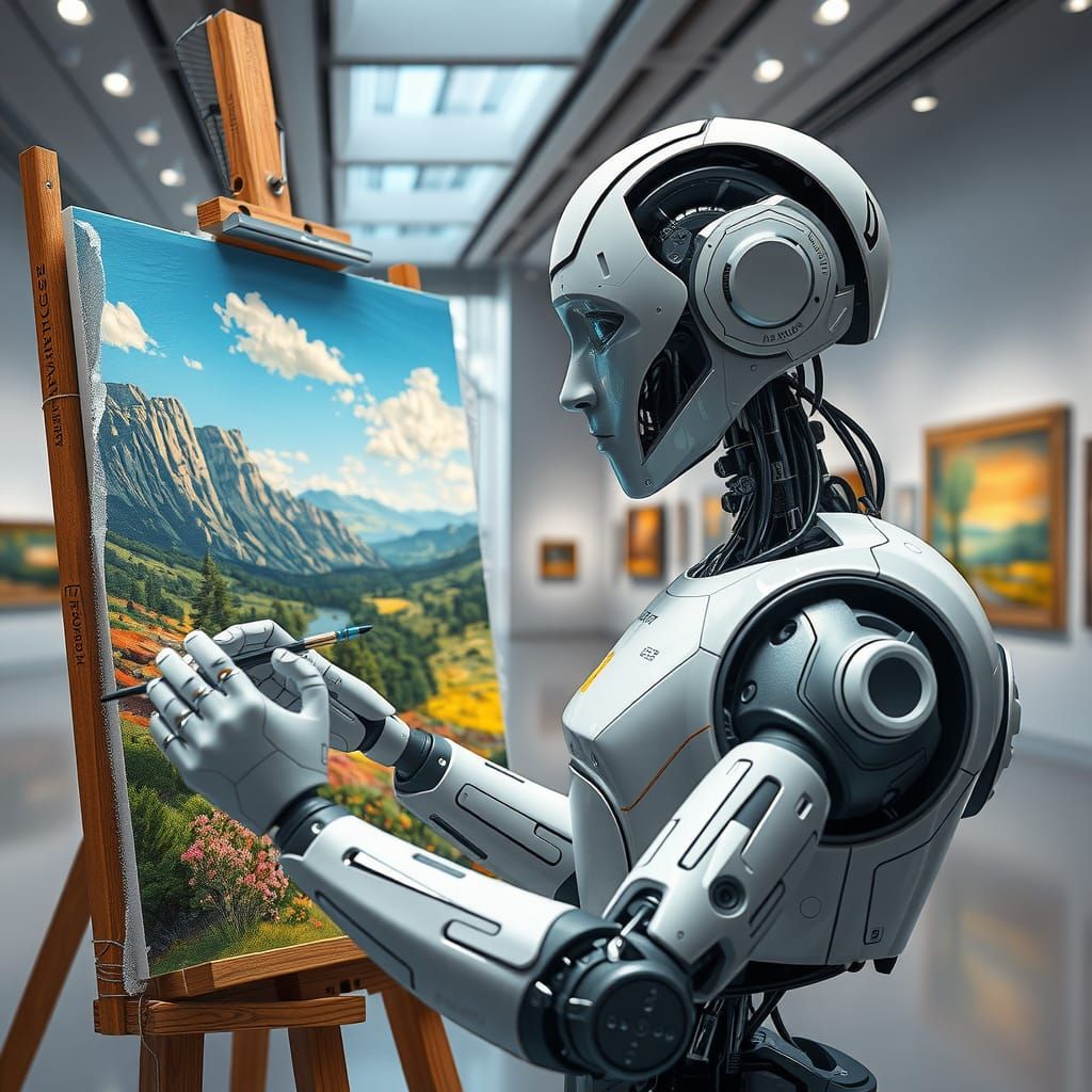 Robot Artist Painting a Landscape in Art Gallery