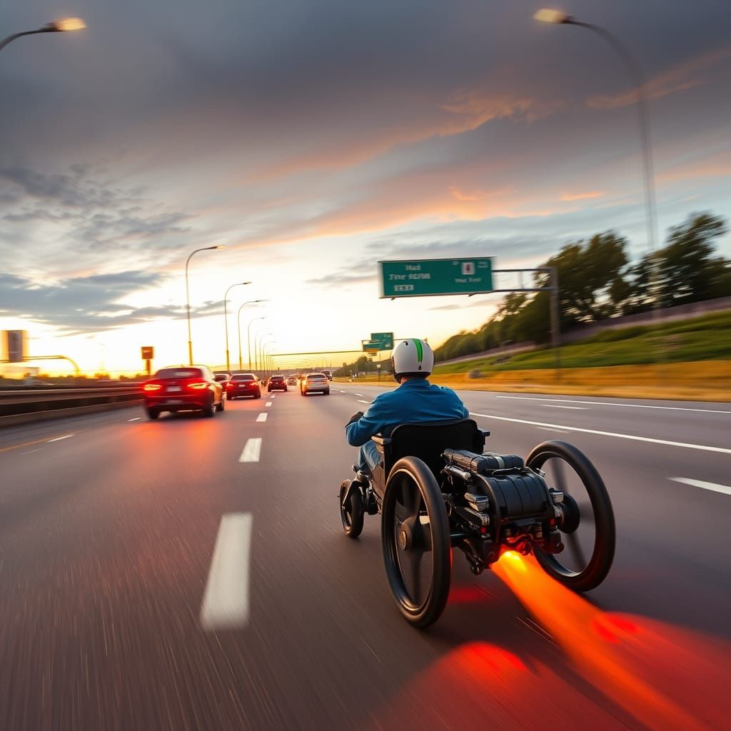 Rocket Wheelchair Speeds Down Highway at Dusk