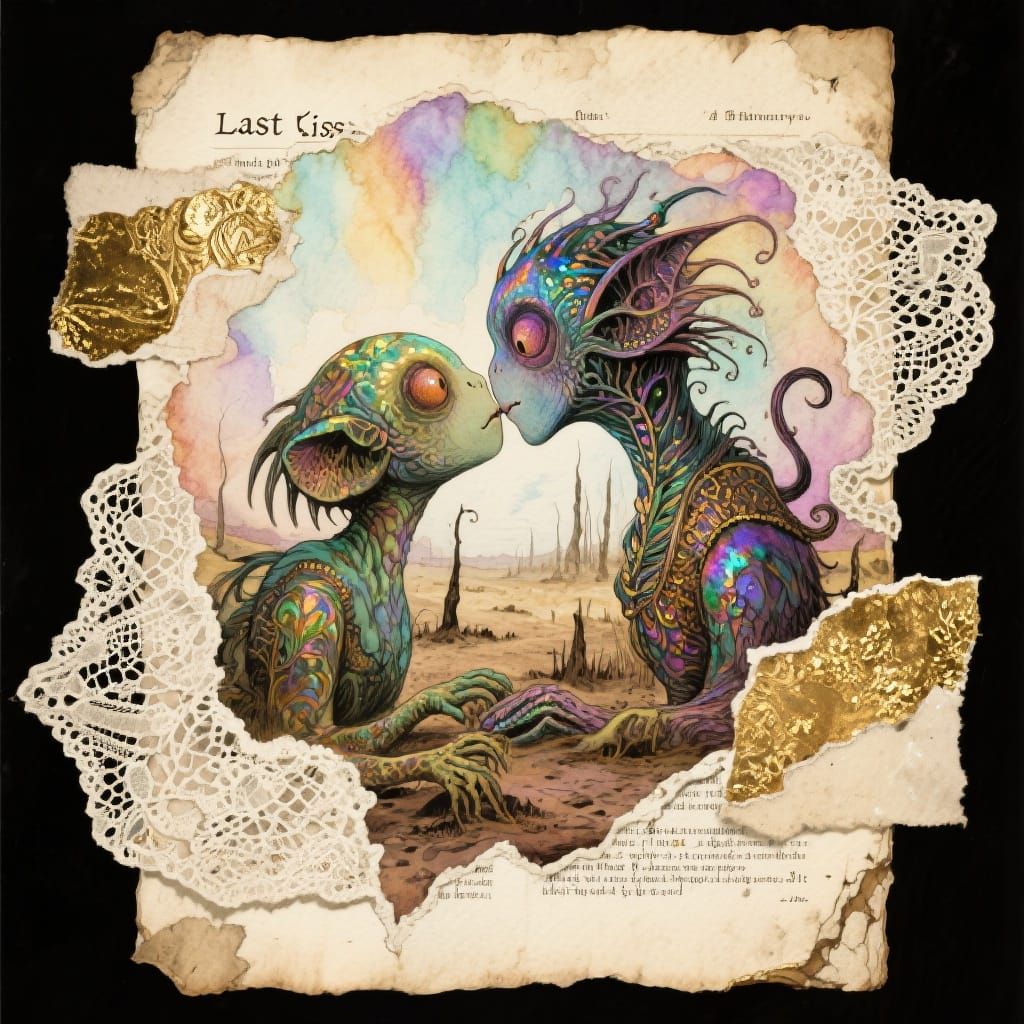 Surreal Kiss in Desolate Land: Watercolor, Vintage Style