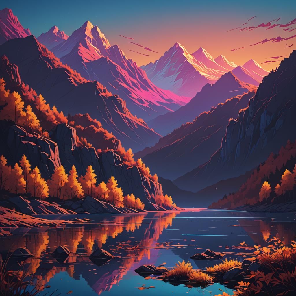 Autumn Lake in Synthwave Neon Retro Style