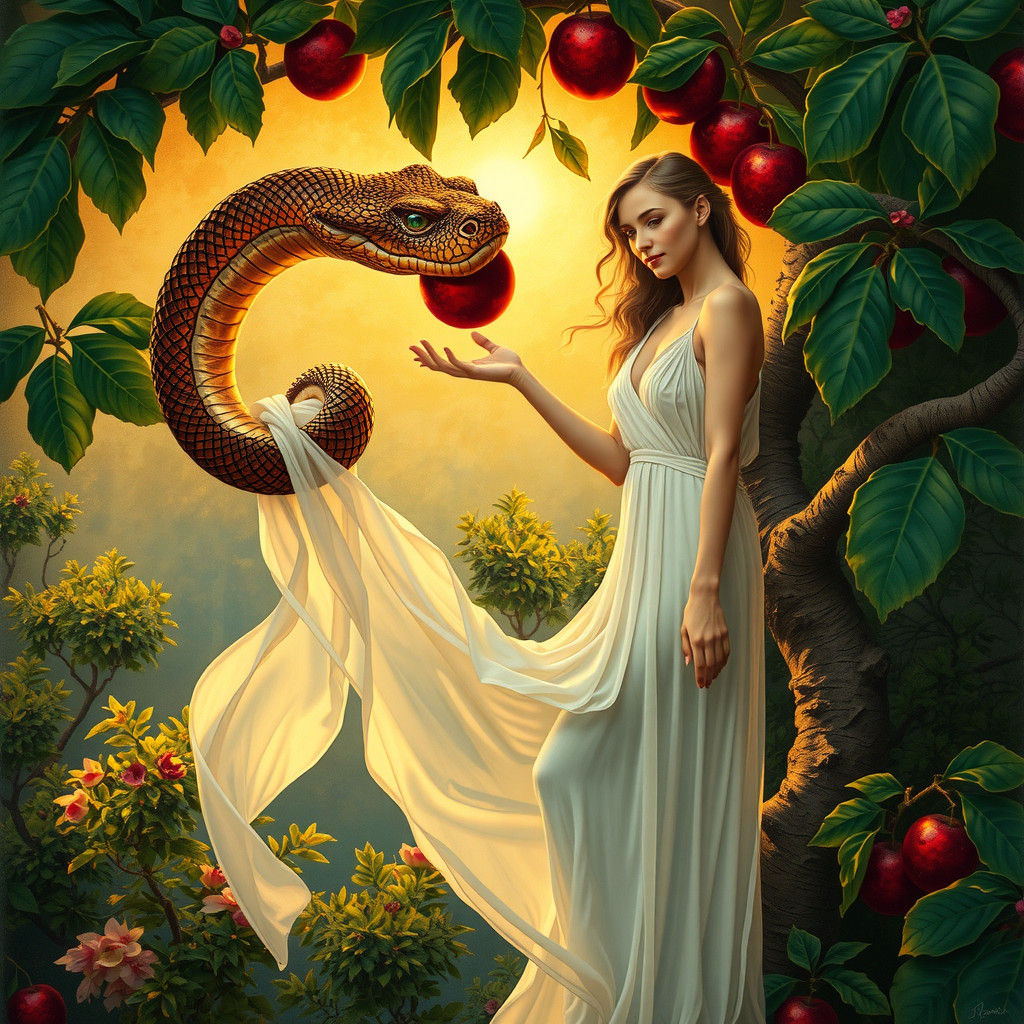 Serpent Tempts Eve in Eden: Art Nouveau Style