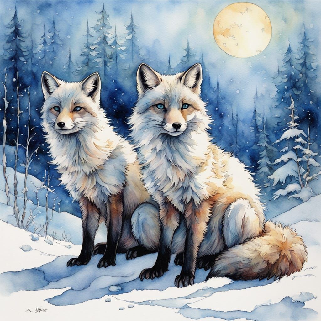 "Two" majestic arctic foxes with "Bright Blue Eyes" "One fox is sitting on the snow" "The other fox is walking in the ba...