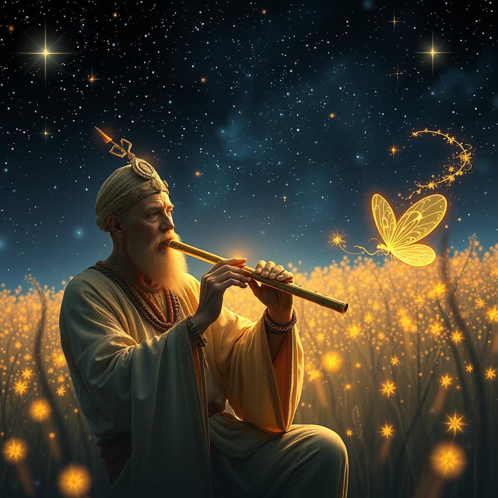 Enchanted Starry Field with Firefly and Flute Player