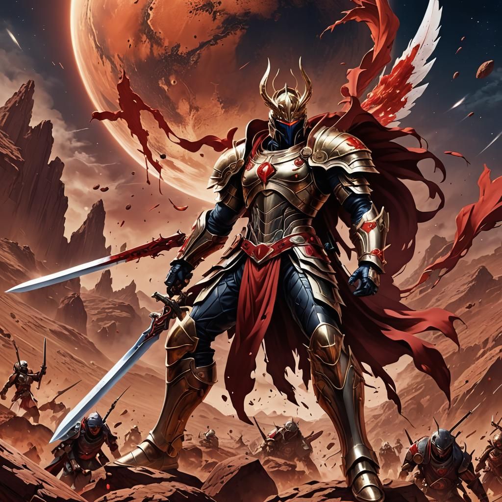 Ares, God of War, Soaring Above Mars in Anime Style