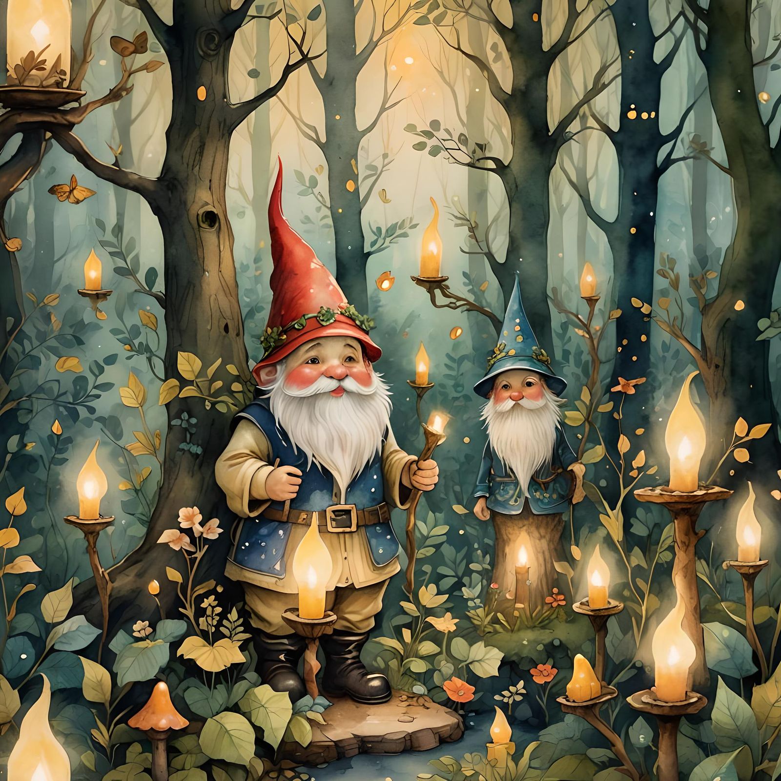 Gnome in Mystical Forest, Whimsical Folk Art