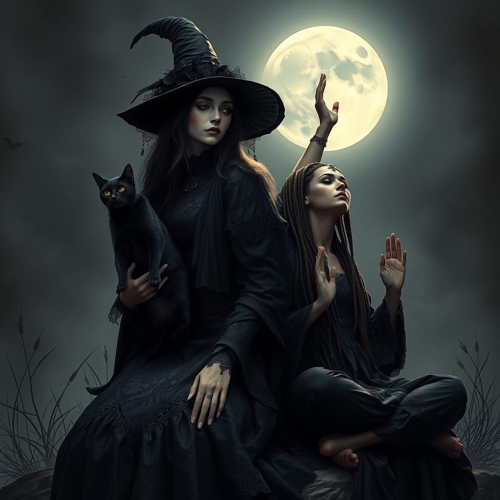 Gothic Witch and Spiritual Woman Reaching for Moon
