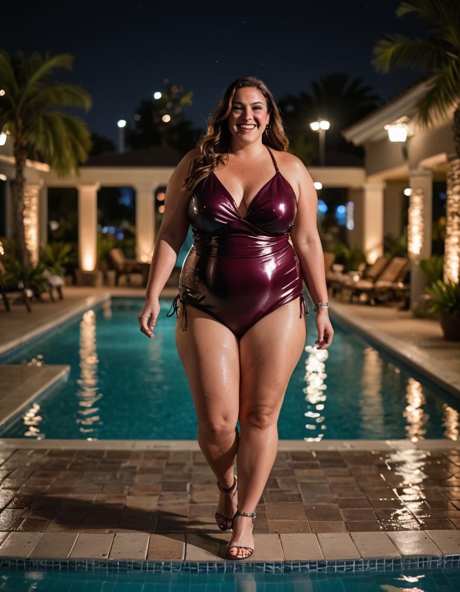Pool Party Play Time wearing a shiny, wet look, burgundy bik...