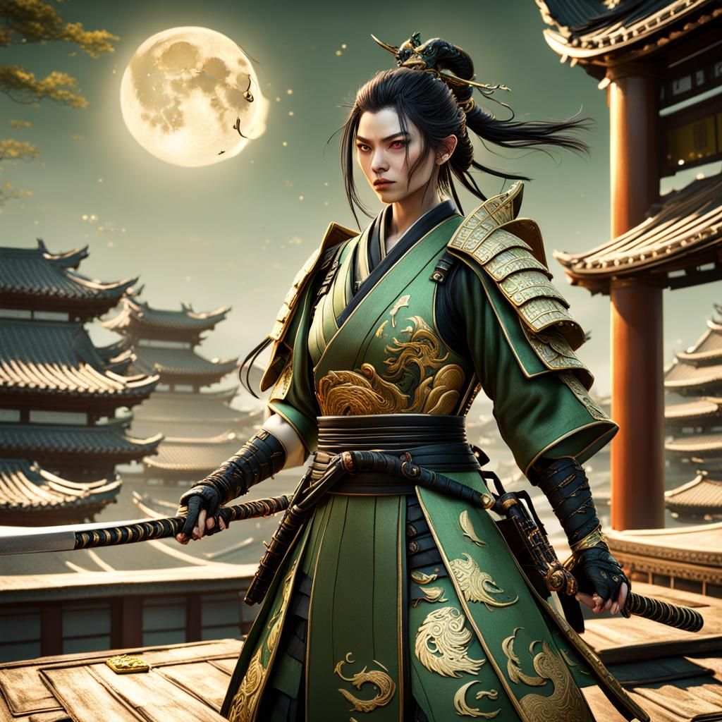 Female Samurai and Eastern Dragon Fantasy Art