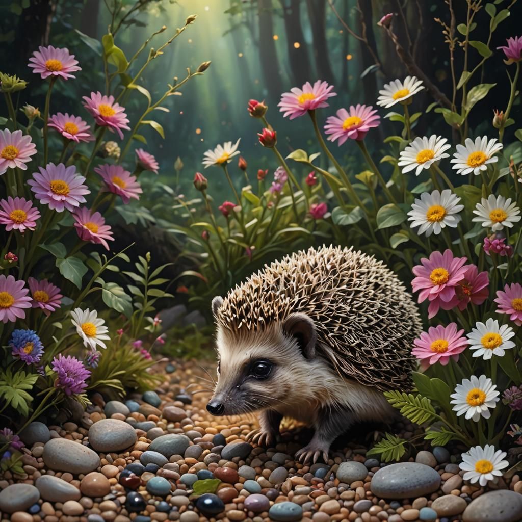 Hyperrealistic Baby Hedgehog Sniffing Flowers