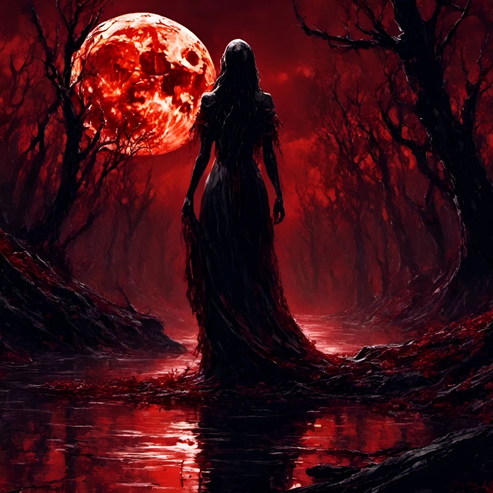 La Llorona by the River Under Blood Moon