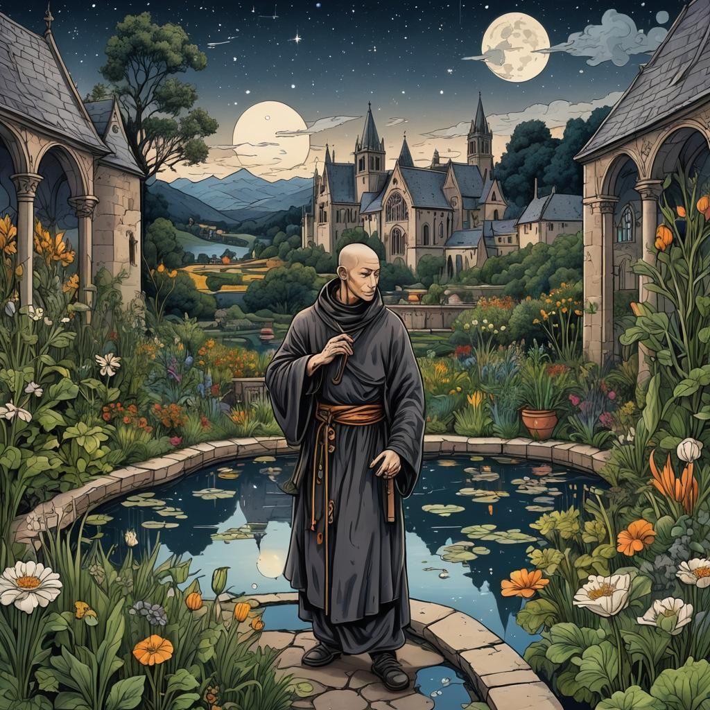 Dark, big, medieval cloister garden, (monks:1.3) with (Medie...