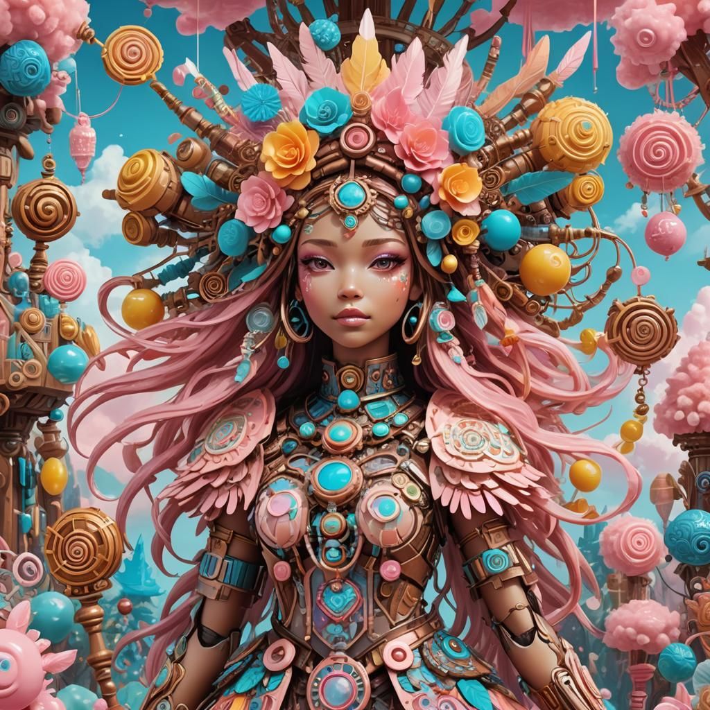 Mecha Girl in Aztec Robotics with Candy Clouds