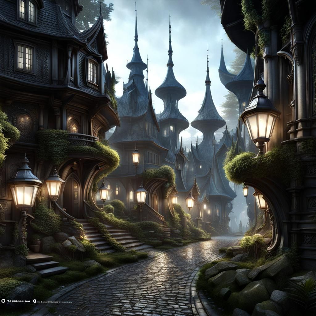 Enchanted Fairy Houses on Cobblestone Street