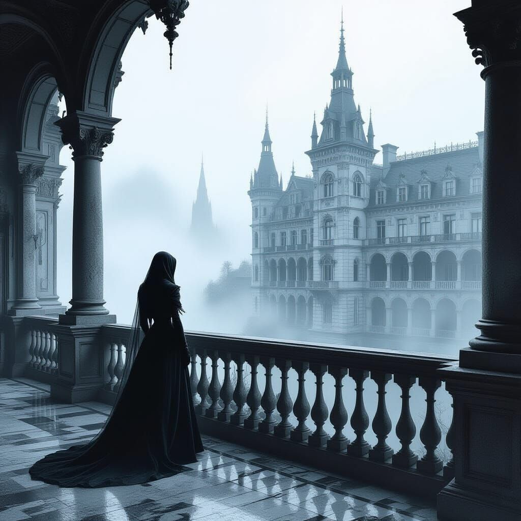 Spectral Figure on Balcony, Gothic Cyberpunk Hotel