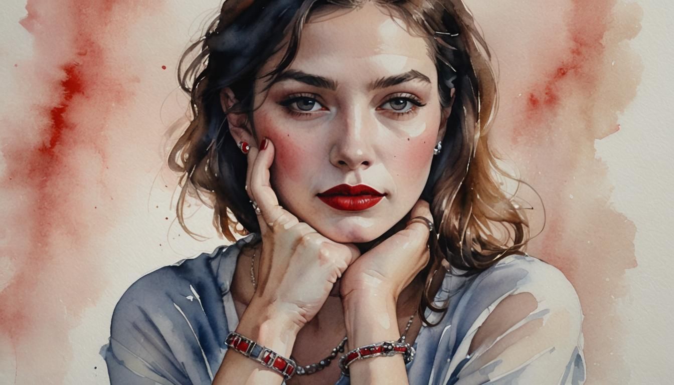 A monochromatic portrait of a woman with striking red lips. ...