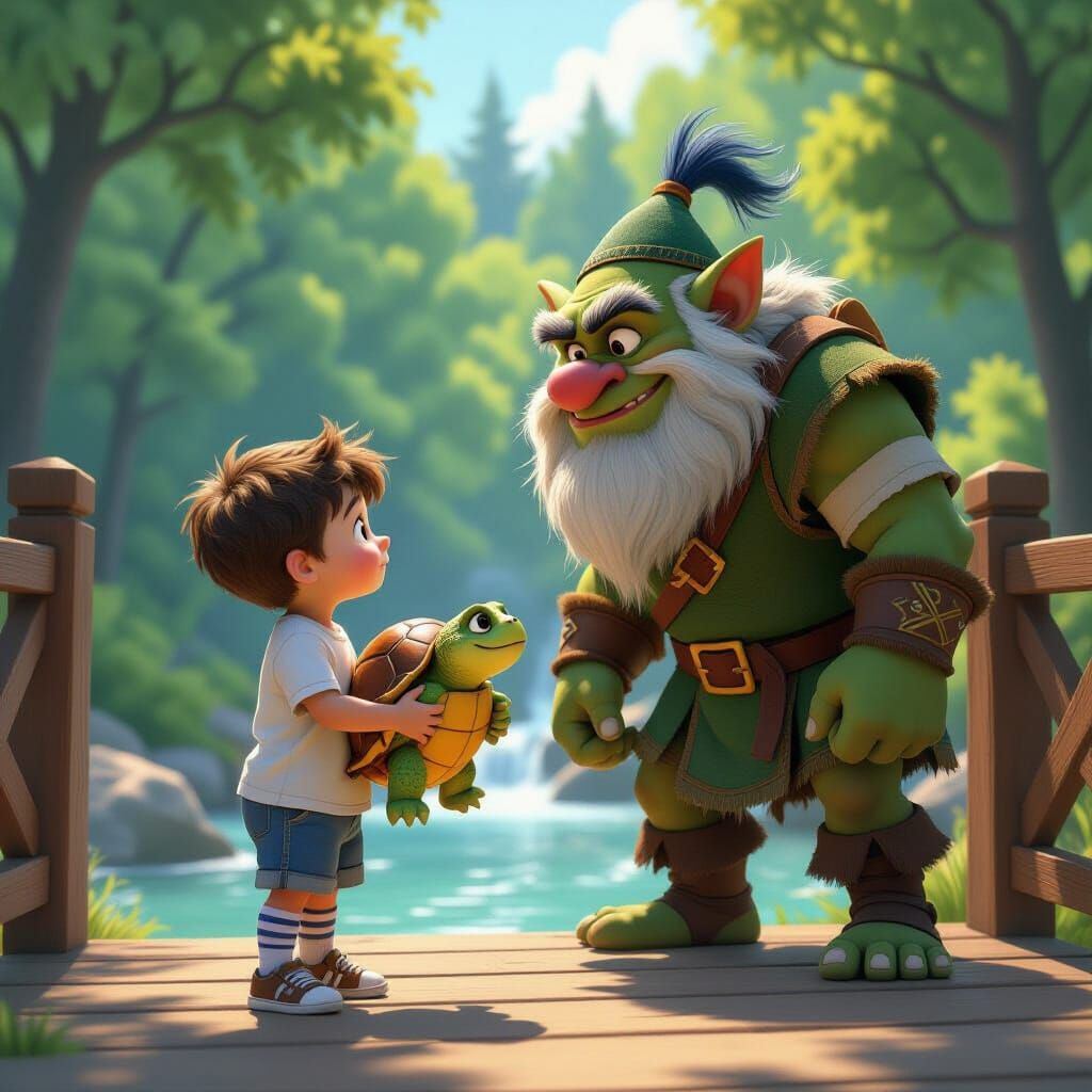Boy and Troll on Footbridge in Animated 3D