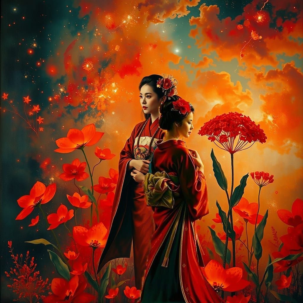 Elegant Geisha in Crimson Kimono Amidst Luminous Flora