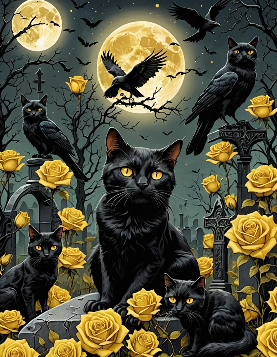 Gothic Cat-Crows in Graveyard with Golden Roses