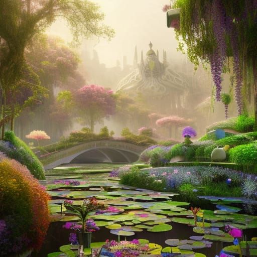 Monet Water Lily Pond in Solarpunk Style