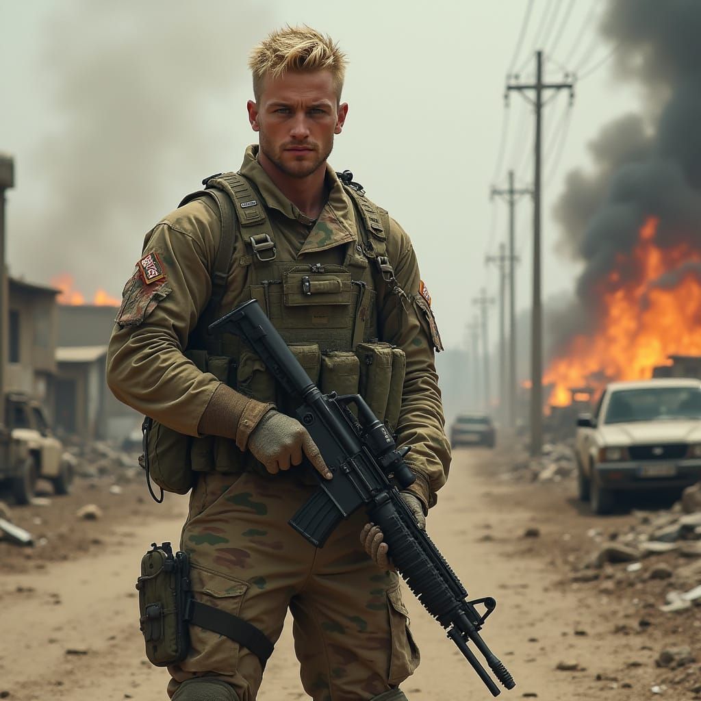 Hyper-Realistic Soldier in War-Torn Village