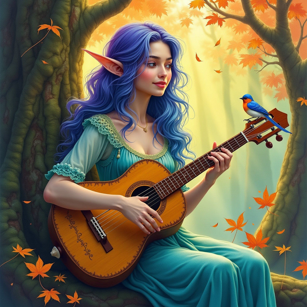 Enchanted Elf Melodies in Forest Watercolor