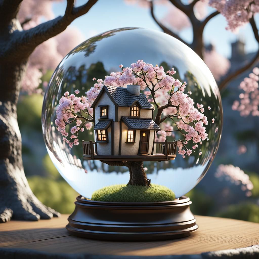 English Cottage in Crystal Ball, Hyper-Realistic Lighting
