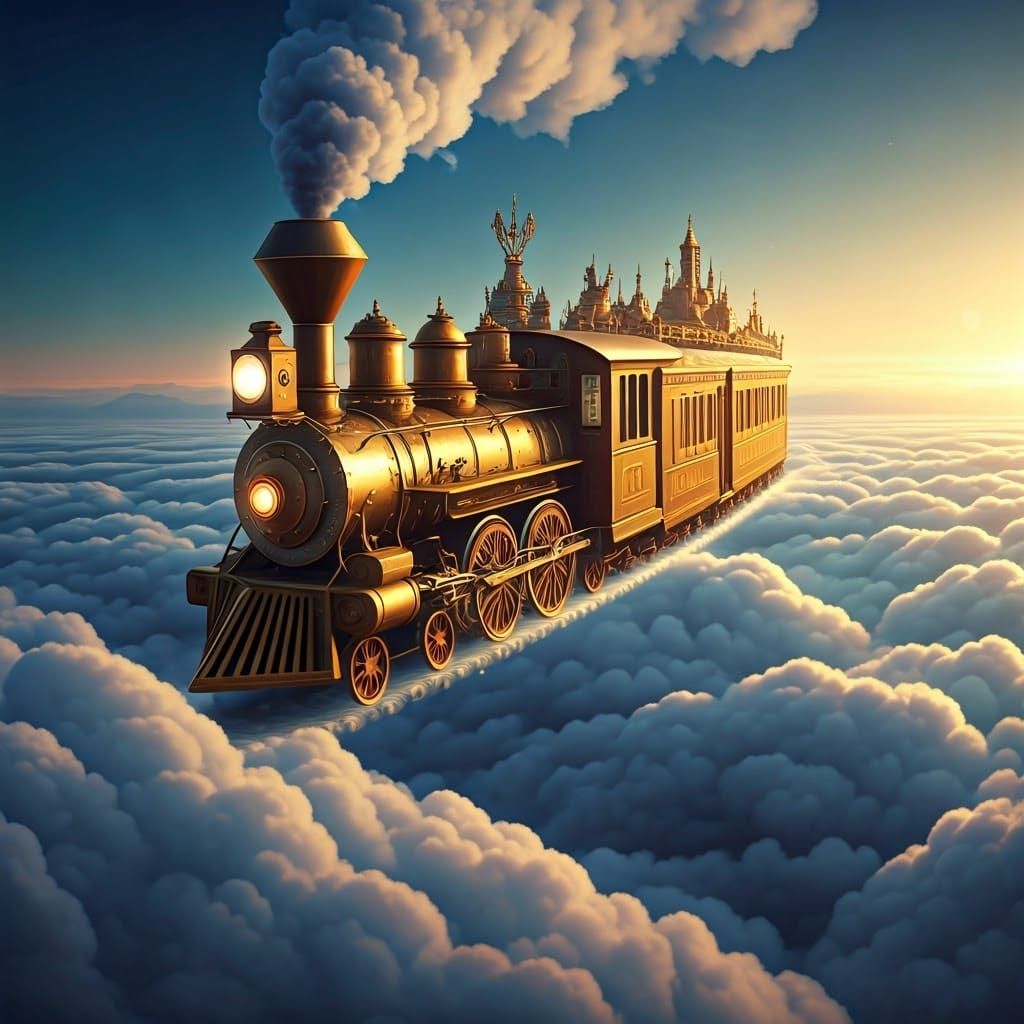 Golden Train Soaring Through Whimsical Sky