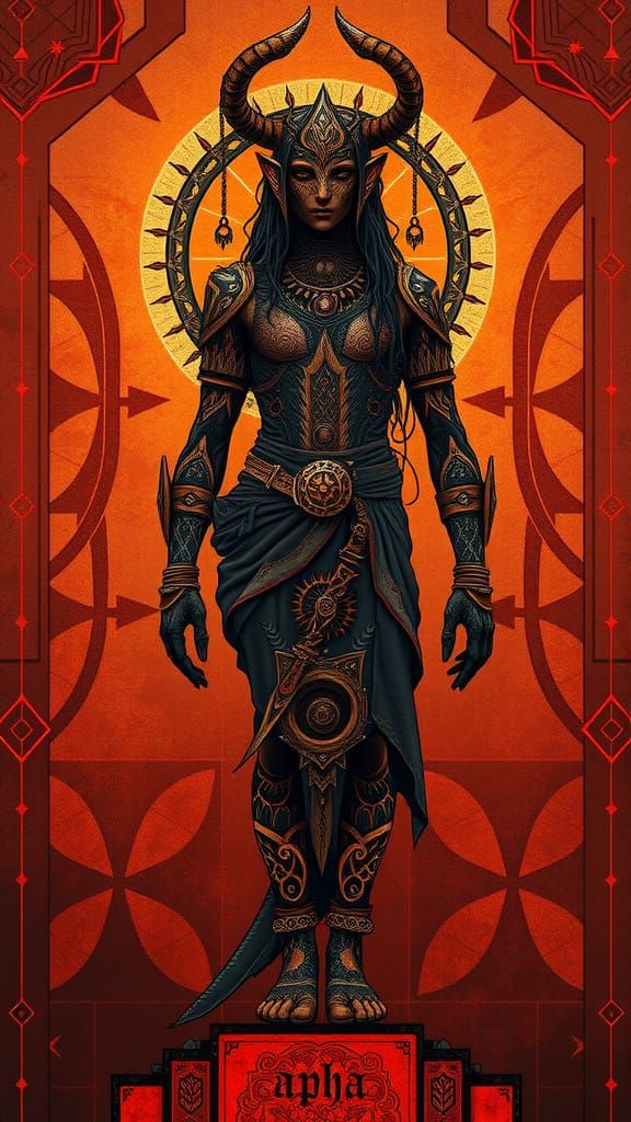 Geometric Steampunk Masterpiece: Alpha in Rust-Red Hues