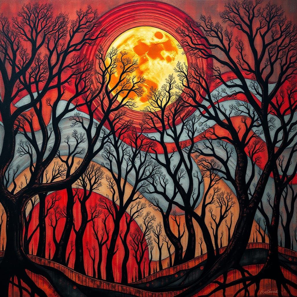 Arabesque Forest with Full Moon as Impasto Painting