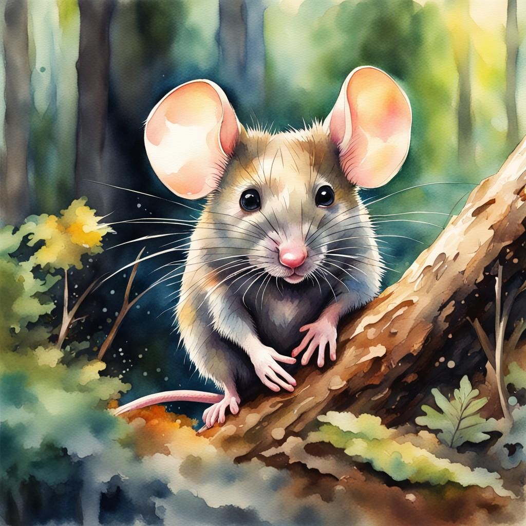 Watercolor Mouse in Forest: Hyperrealistic Splash Art