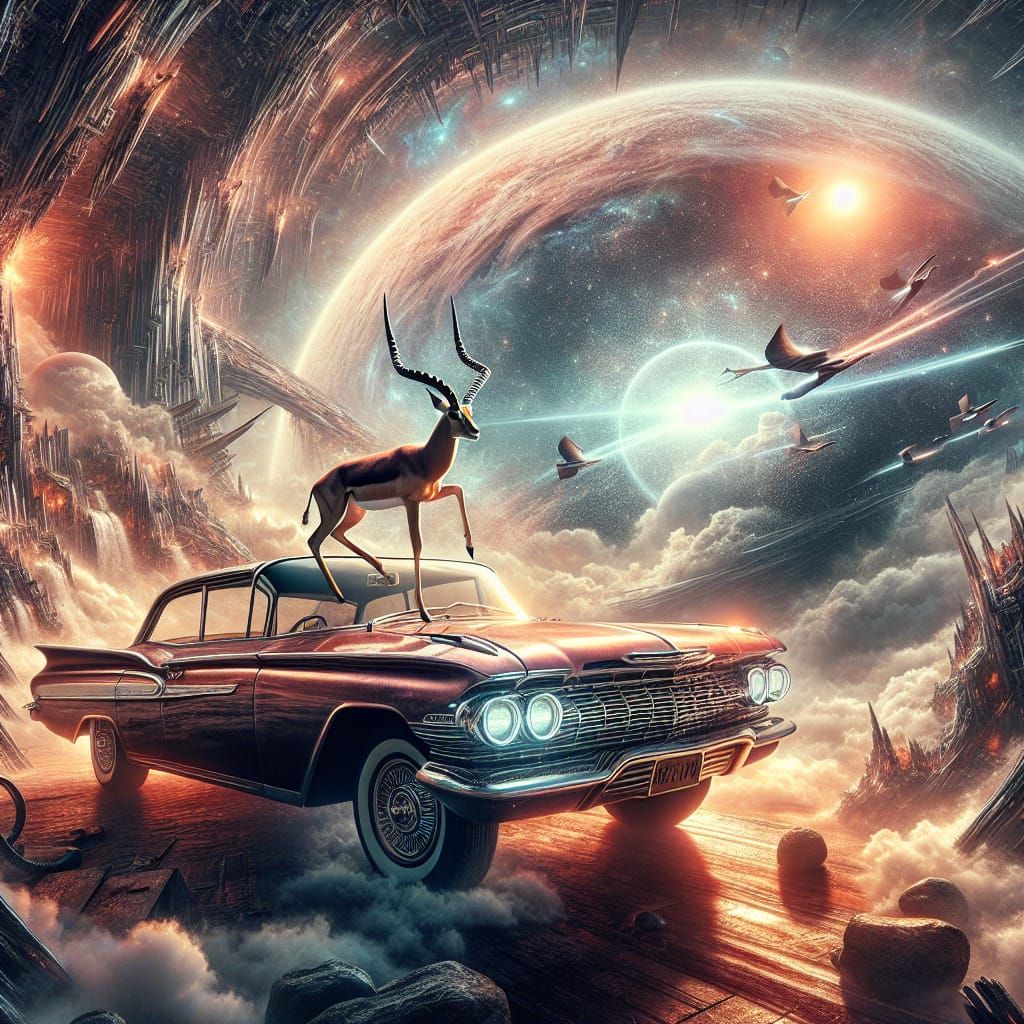 Impala Antelope Adorns Vintage 1958 Impala Car in Maximalist...