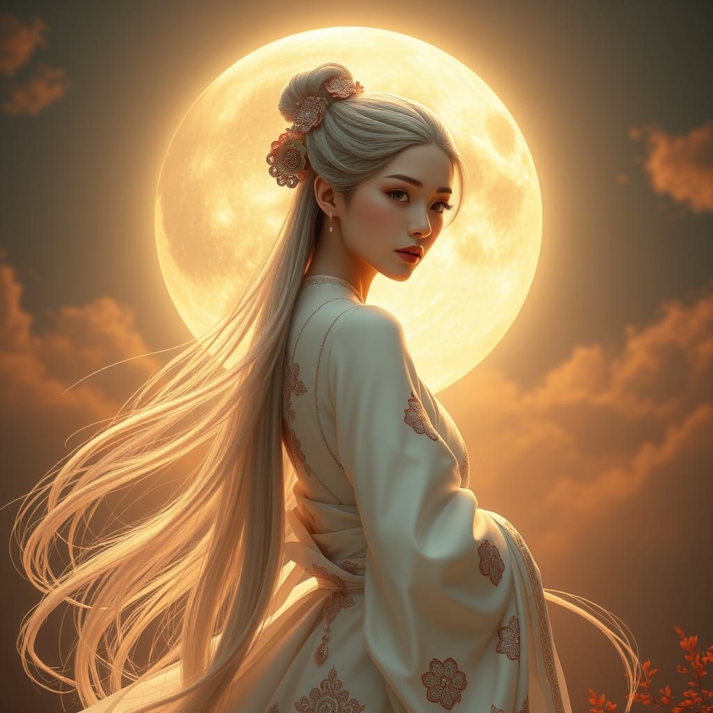 Ethereal Goddess in Oriental Attire Under Luminous Moon