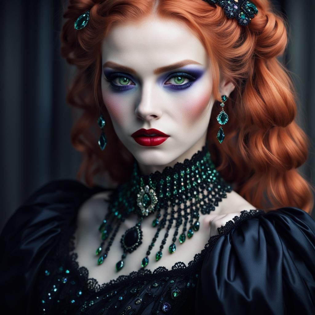 Gothic Beauty with Green Eyes and Colorful Accents