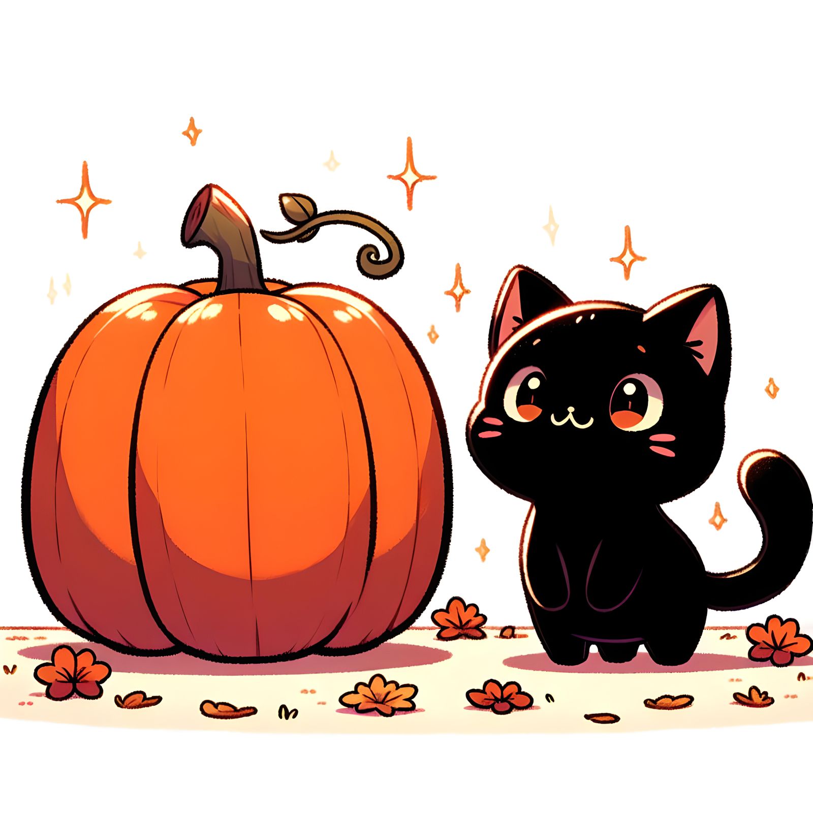 Charming Manga Cat and Pumpkin Cartoon