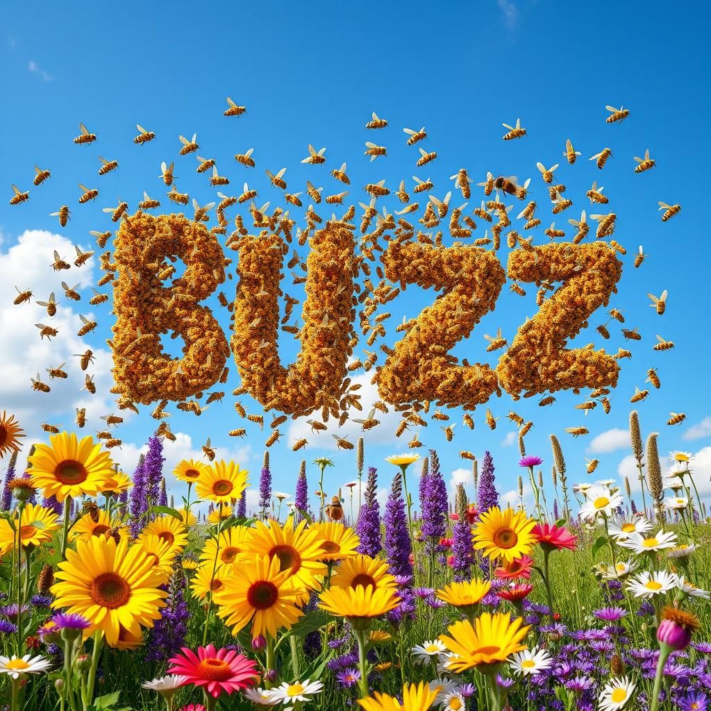 Bees Form "BUZZ" Above Flower Meadow
