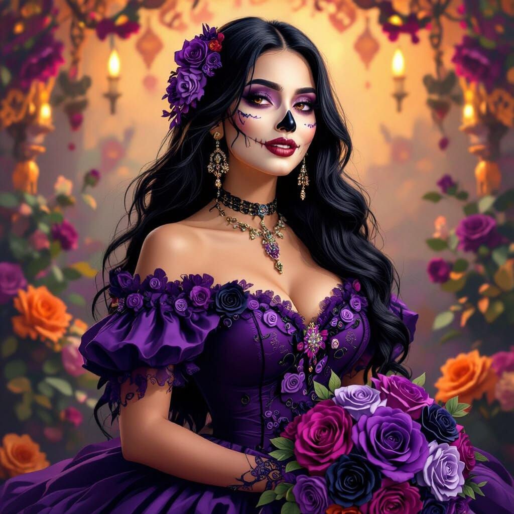 Elegant Catrina in Purple Dress with Roses