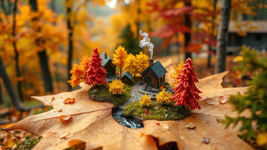 Cozy Autumn Village Diorama on Maple Leaf in Macro Style