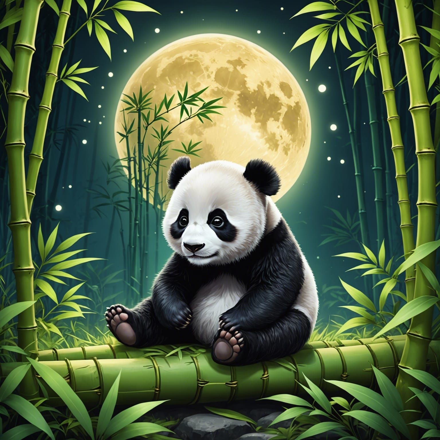 Cute Baby Panda Sleeping Under Full Moon in Forest