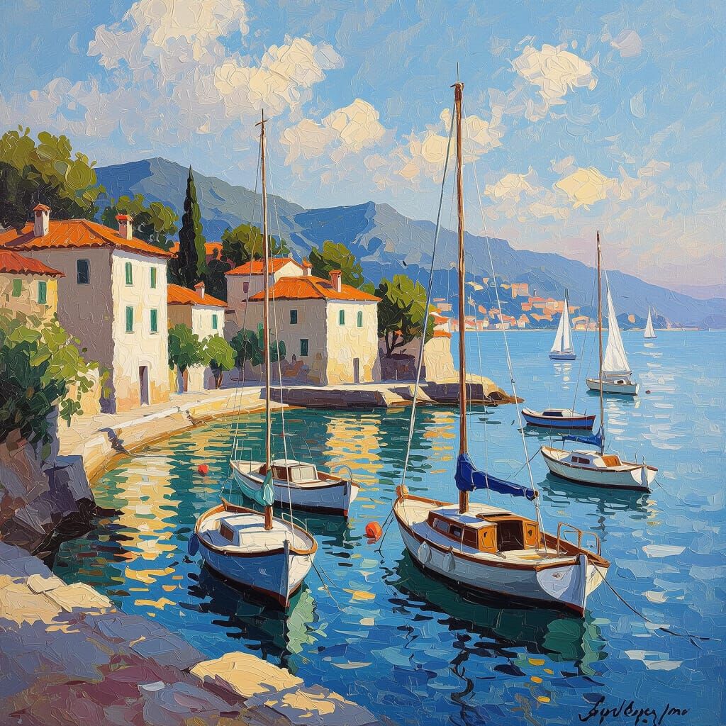 Impressionistic Seaside Town with Anchored Yachts