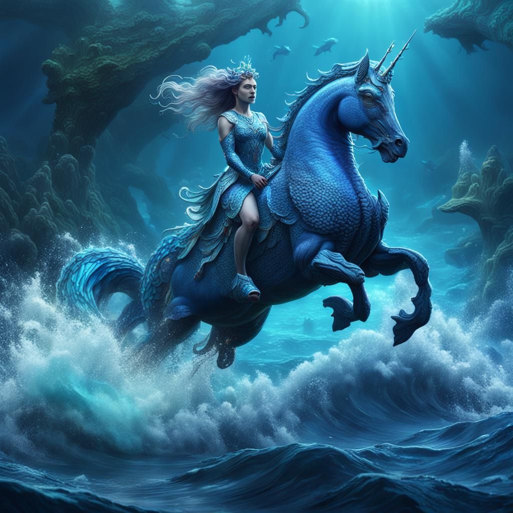 Mermaid Riding Hippocampus in a Blue Sea
