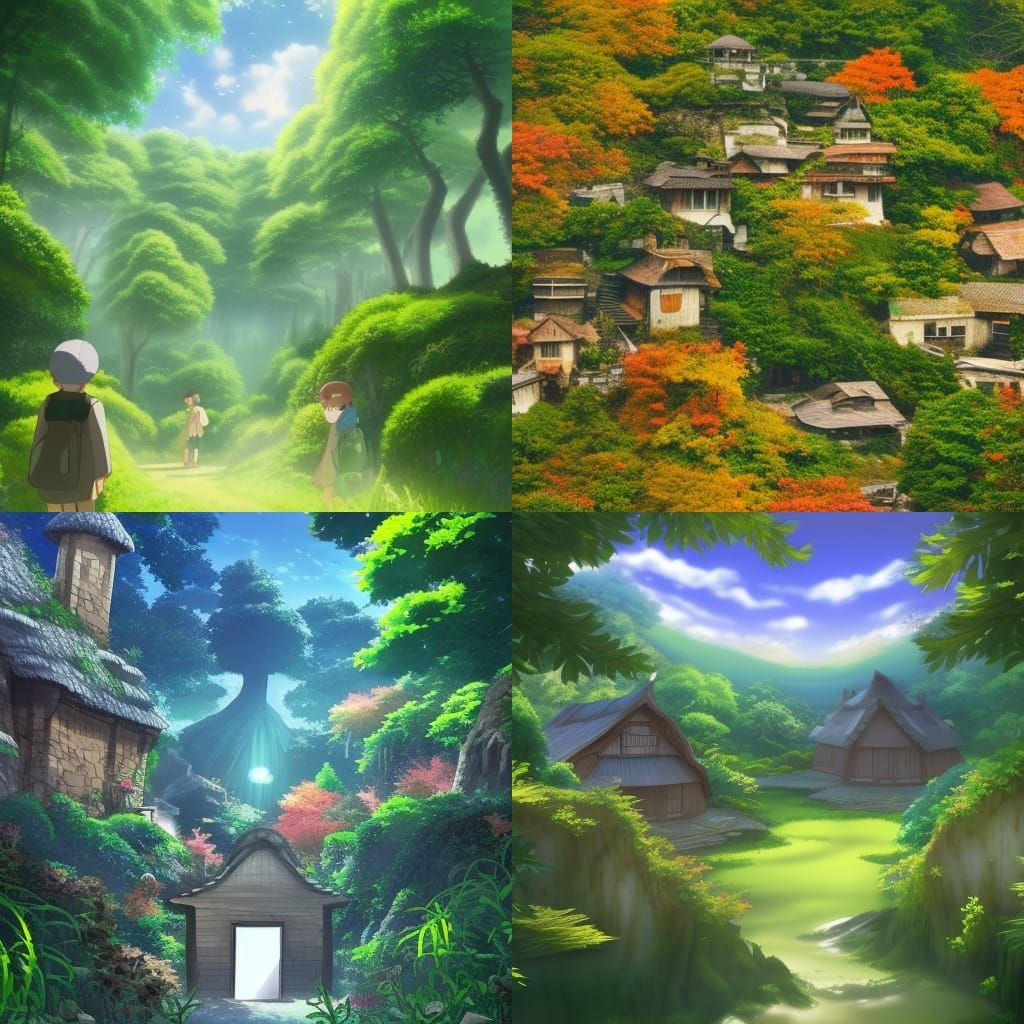 Lush Village Scene in Studio Ghibli Anime Style