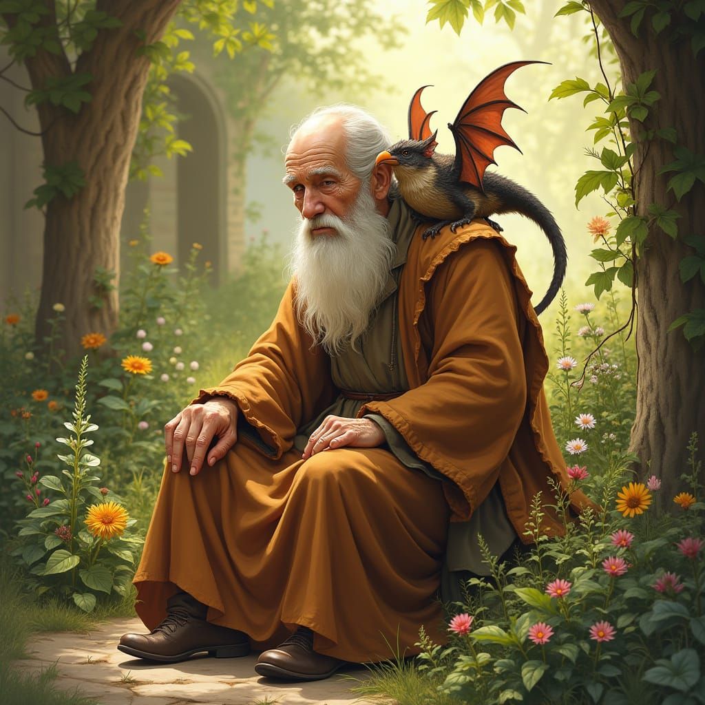 Monk with Cockatrice in Vibrant Garden