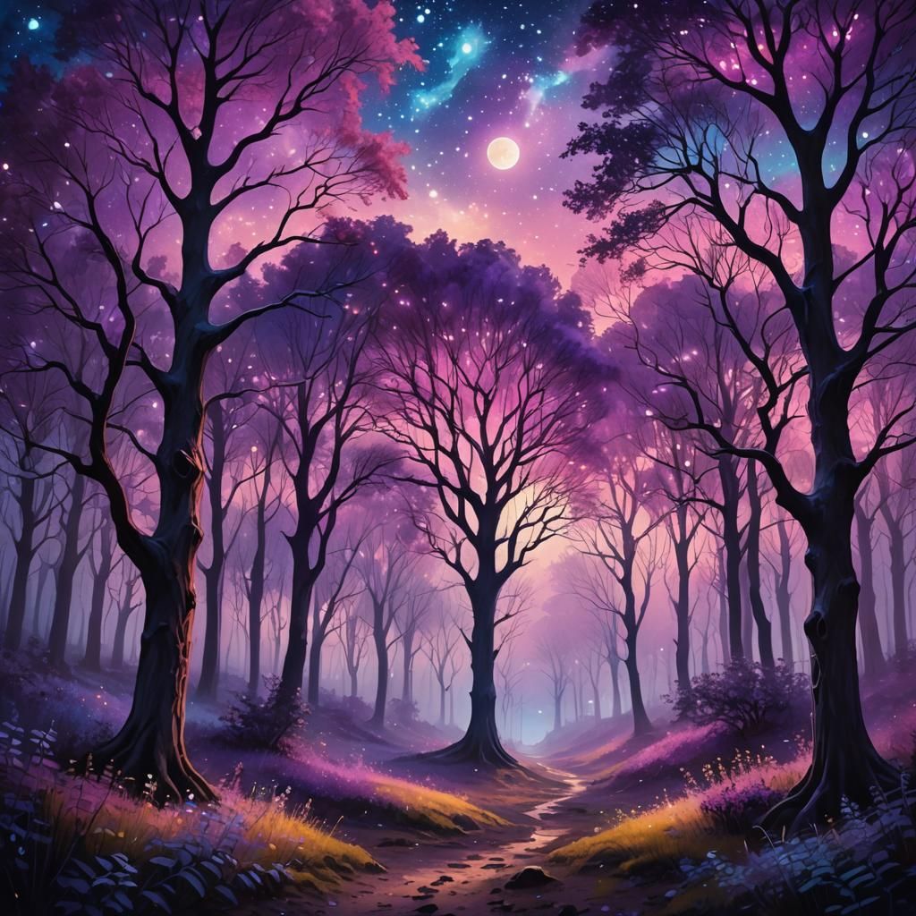 Dreamlike Forest Under Starry Night Sky