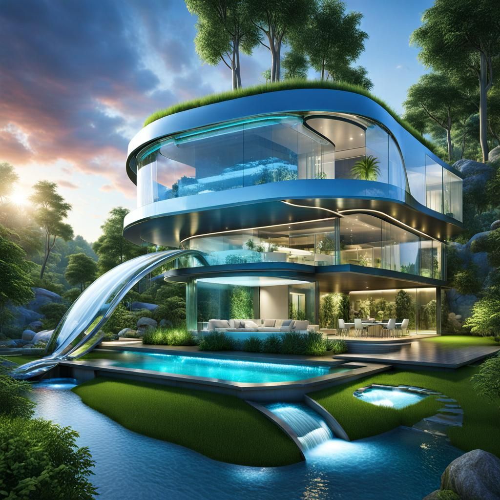 Futuristic Eco-Friendly Dream Home with Waterfall