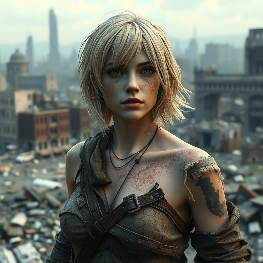 Post-Apocalyptic Woman in Ruins, Cinematic 3D Rendering