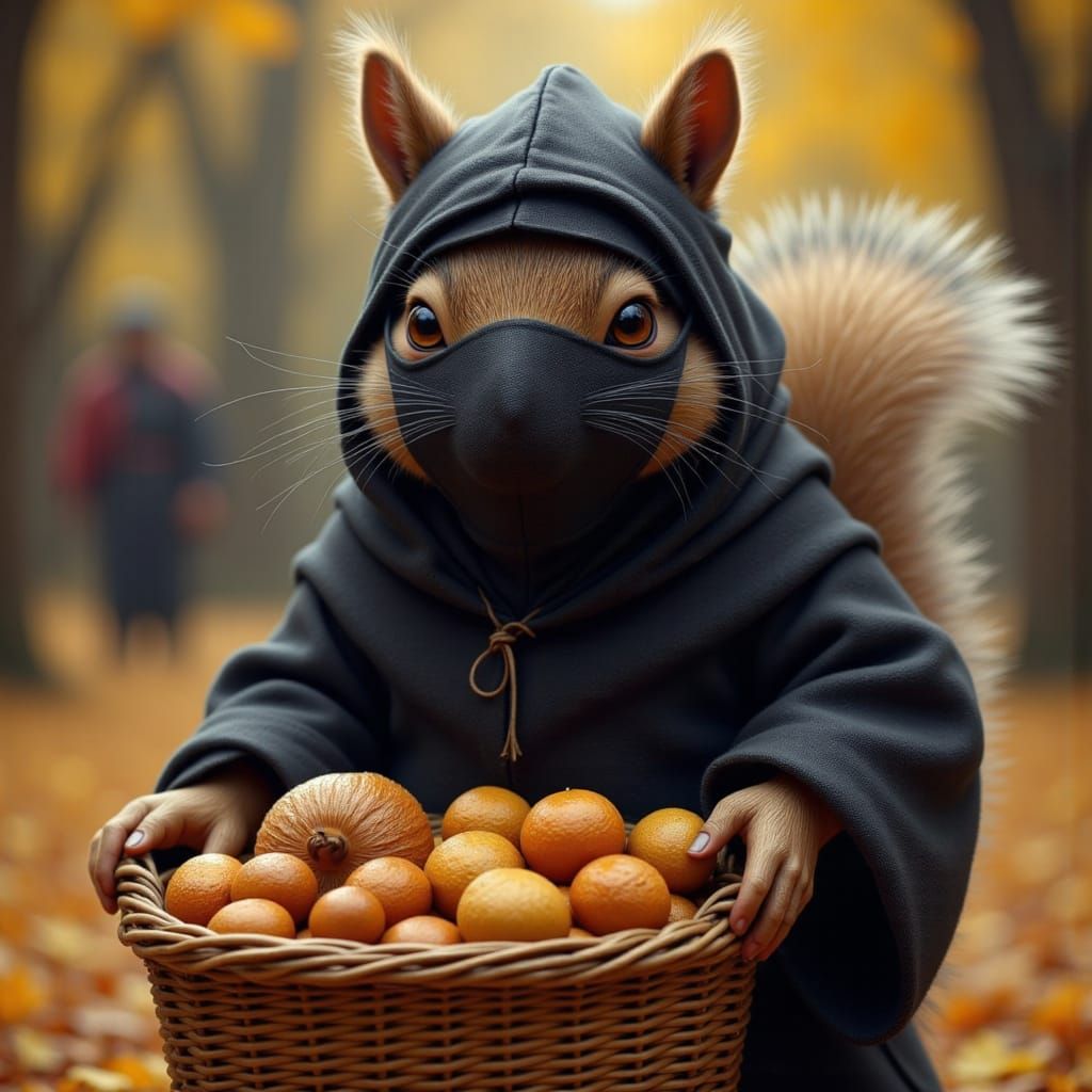 Ninja Squirrel Steals Nut at Harvest Festival