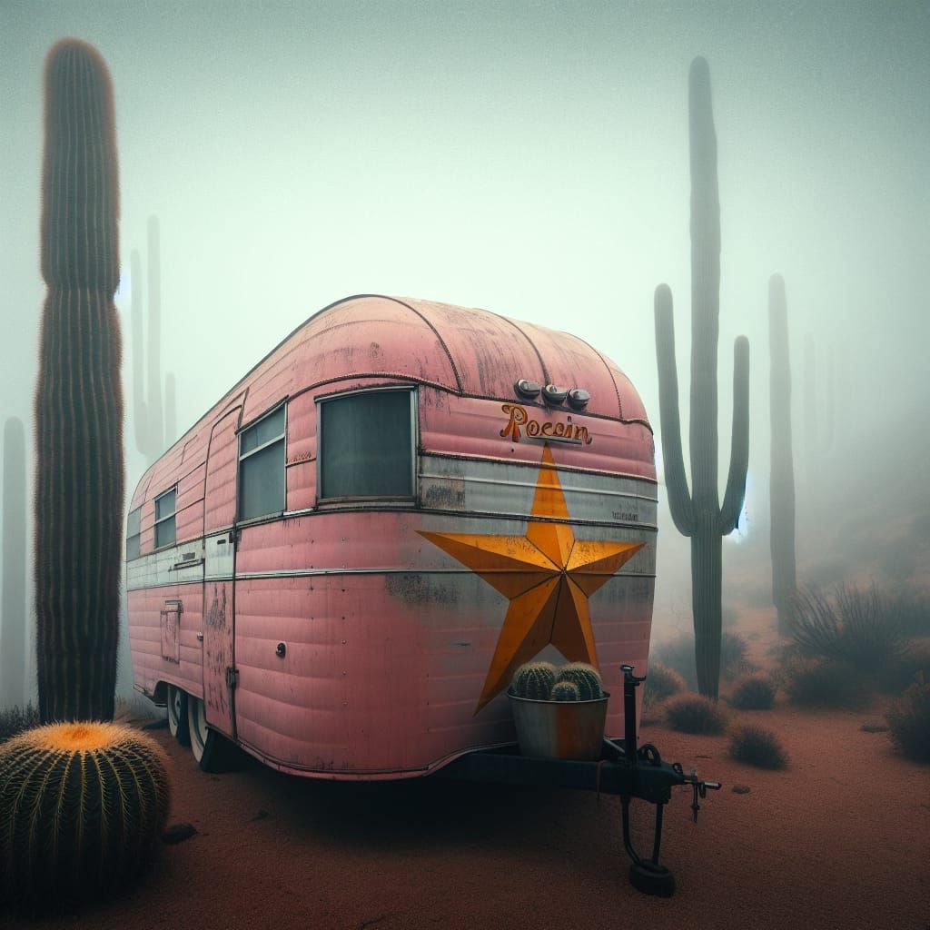 Vintage Pink Trailer in Desert Fog