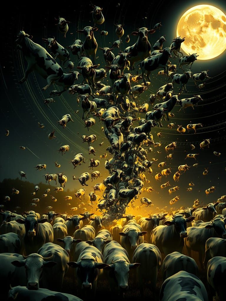 Cow Tornado in Bioluminescent Cyberpunk Style