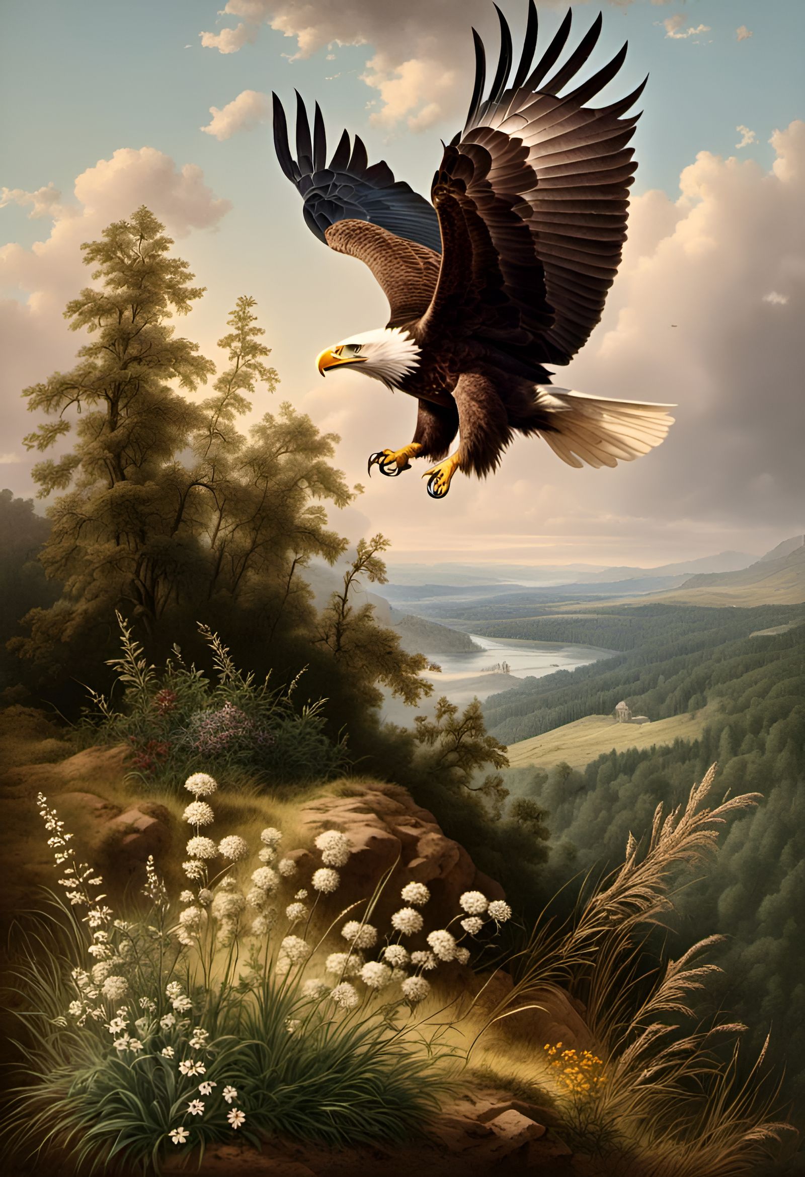Bald Eagle Over Wildflowers in Vintage Style